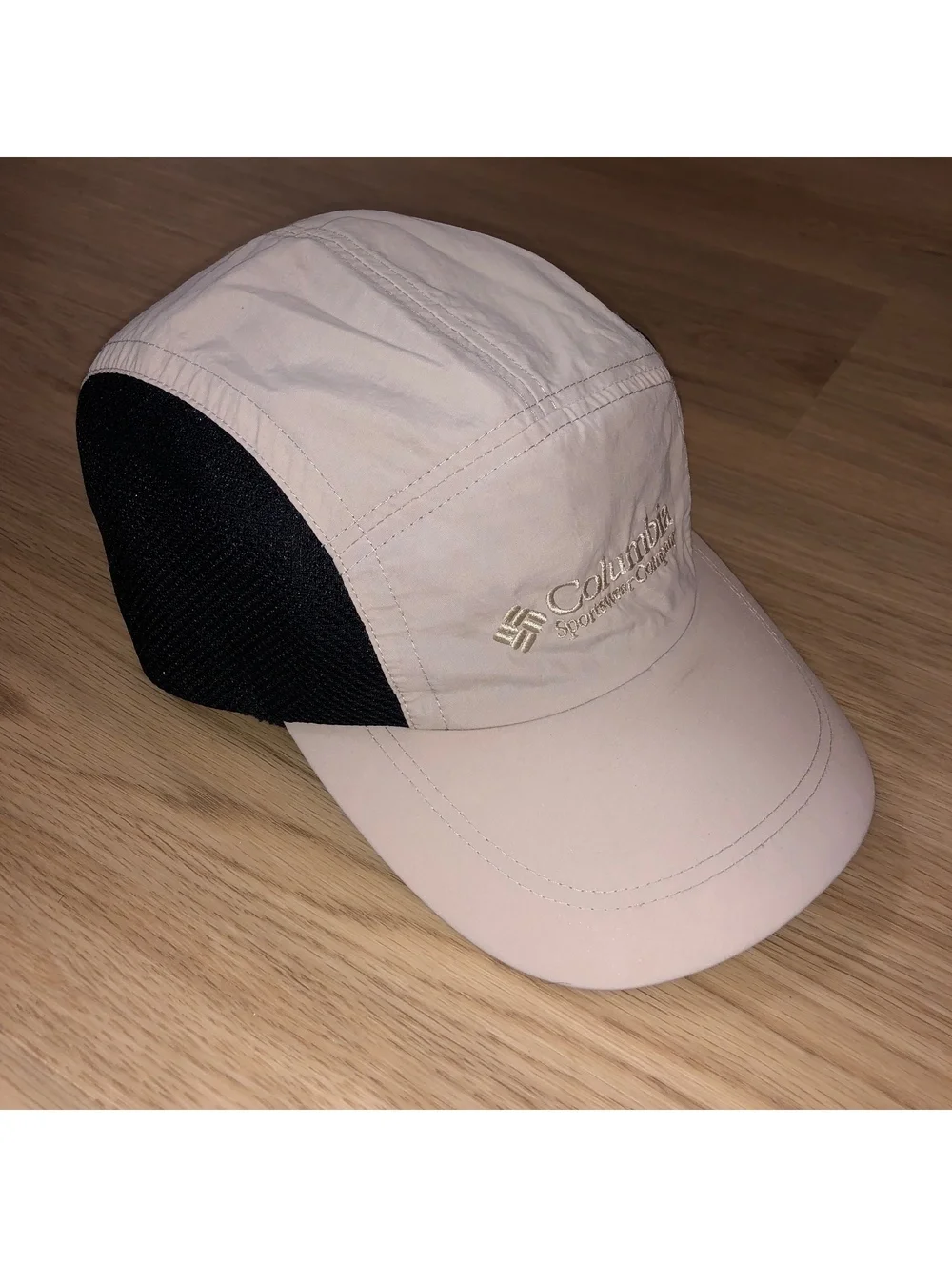 VINTAGE COLUMBIA 5 PANEL MESH NYLON RUNNING FISHING HAT TAN BLACK BEIGE KHAKI